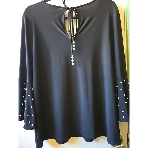 Sue Levine Black Blouse Shirt Pearls Sleeves Tie Back Women's Size Large Elegant - Picture 7 of 10